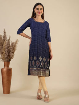 Aurelia - Women's Blue Abstract Ombre Printed Sequined Straight Kurta
