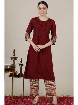 Aurelia - Women's Maroon Solid Sequined Straight Kurta