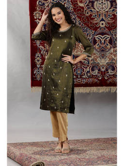 Aurelia - Women's Olive Solid Embellished Straight Tissue Kurta