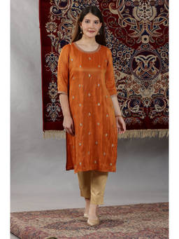 Aurelia - Women's Rust Solid Embellished Straight Tissue Kurta