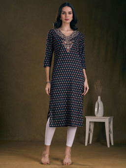 FASHOR - Ethnic Printed And Embroidered A-Line Kurta - Navy Black