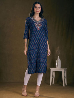 FASHOR - Ethnic Printed And Embroidered A-Line Kurta - Blue