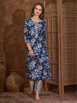 FASHOR - Floral Printed And Zari Embroidered Straight Fit Kurta - Navy Blue