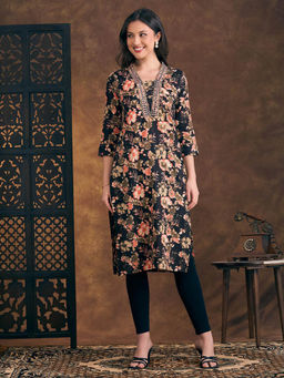 FASHOR - Floral Printed And Mirror Embroidered Straight Fit Kurta - Black