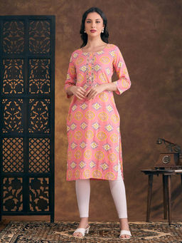 FASHOR - Floral Printed And Mirror Embroidered Straight Fit Kurta - Pink