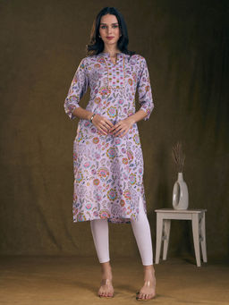 FASHOR - Floral Printed And Mirror Work Straight Fit Kurta - Lavender