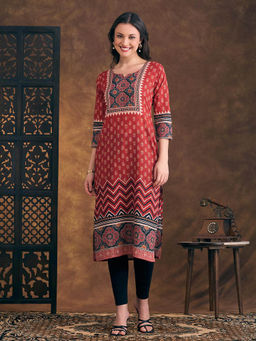 FASHOR - Ethnic Floral Printed Mirror Work Straight Fit Kurta - Red
