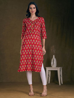 FASHOR - Floral Printed And Embroidered Straight Fit Kurta - Red