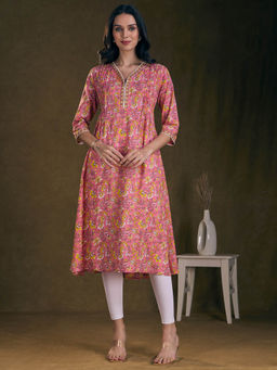 FASHOR - Ethnic Floral Printed A-Line Pin Tucked Kurta - Pink