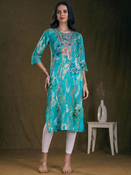 FASHOR - Turquoise Floral Printed And Embroidered Straight Kurta