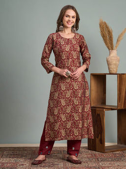 FASHOR - Ethnic Floral Printed Straight Fit Kurta - Maroon