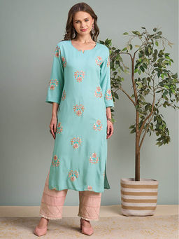 FASHOR - Blue Gota Patti And Resham Embroidered Straight Fit Kurta