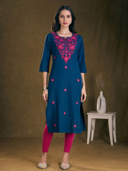FASHOR - Blue Floral Chikankari Embroidered Straight Fit Kurta