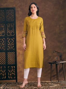 FASHOR - Mustard Floral Embroidered Straight Fit Kurta