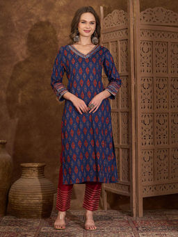 FASHOR - Ethnic Ikat Printed Kantha Embroidered Straight Cut Kurta