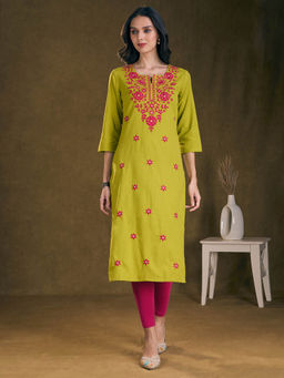 FASHOR - Green Floral Chikankari Embroidered Straight Fit Kurta