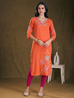 FASHOR - Floral Patchwork Embroidered A-Line Flared Kurta - Orange