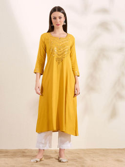 FASHOR - Solid Mirror Embroidered A-Line Flared Kurta - Yellow