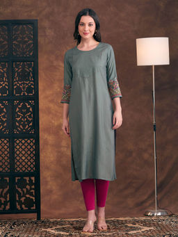 FASHOR - Grey Floral Embroidered Straight Fit Kurta