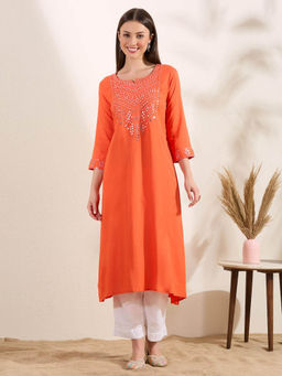 FASHOR - Orange Mirror Work Embroidered Straight Fit Kurta