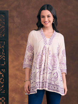 FASHOR - Purple Ethnic Floral Printed A-Line Panelled Kurti
