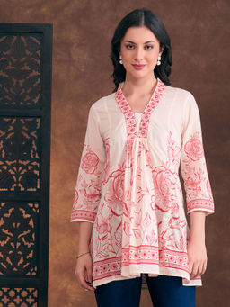 FASHOR - Red Ethnic Floral Printed A-Line Panelled Kurti