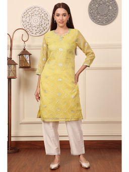 W - Yellow Geometric Foil Printed Zari Embroidered Straight Kota Doriya Kurta