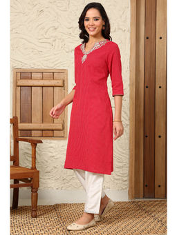W - Red Striped Yarn-Dyed Embroidered Straight Cotton Kurta
