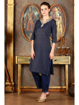 W - Blue Striped Yarn-Dyed Embroidered Straight Cotton Kurta