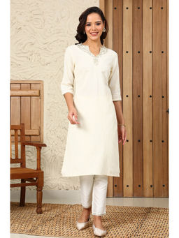W - Yarn-Dyed White Striped Embroidered Straight Cotton Kurta