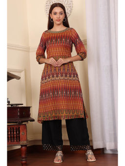 W - Yellow Ethnic Ikkat Thread Work Straight Woven Kurta