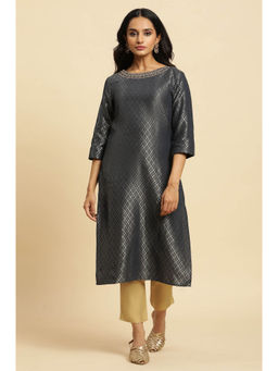 W - Grey Woven Sequined Straight Cotton Kurta