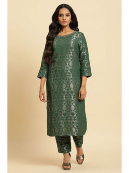 W - Green Floral Jacquard Metallic Embroidery Straight Rayon Kurta