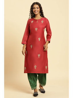 W - Red Embroidered Dori Straight Chanderi Kurta