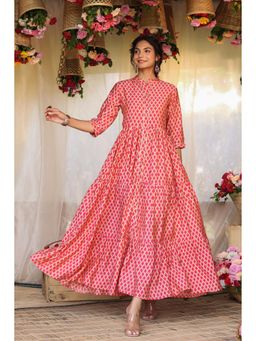 Scakhi - Pink Modal Chevron Print Gota Tiered Flare Kurta Dress