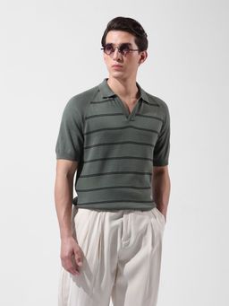 The Indian Garage Co - Green Men Slim Fit Stripes Polo T-shirt