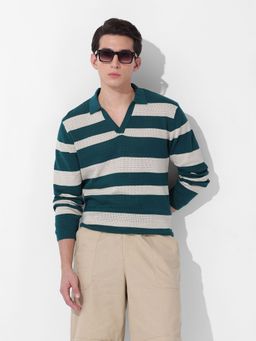 The Indian Garage Co - Teal Men Slim Fit Striped Polo T-shirt