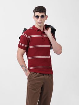 The Indian Garage Co - Maroon Men Slim Fit Striped Polo T-shirt
