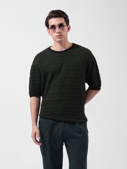 The Indian Garage Co - Green Men Oversized Textured Crew Neck T-shirt