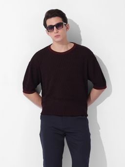 The Indian Garage Co - Maroon Men Oversized Textured Crew Neck T-shirt