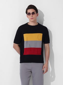 The Indian Garage Co - Black Men Slim Fit Textured Crew Neck T-shirt