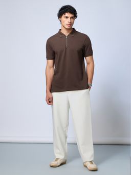 The Souled Store - Brown Originals Men's Dark Mocha Regular Fit Half Sleeve Zipper Polo T-shirt