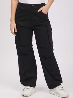 R&B - Black Solid Plain Cotton Cargo
