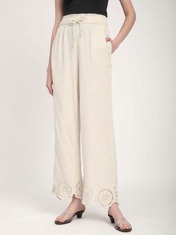 R&B - Beige Solid Plain Viscose Rayon Pant