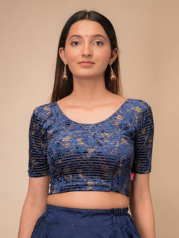 BINDIGASM'S ADVI - Navy Blue Kanan Gold Button Back on Velvet Stretchable Slip On Blouse