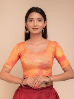 BINDIGASM'S ADVI - Orange Dhaatu Gold with Silk Trims Stretchable Slip On Blouse