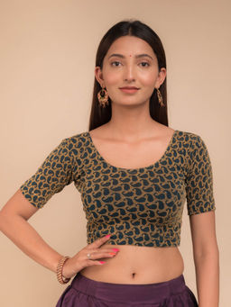 BINDIGASM'S ADVI - Green Preet Gold Zari Keri Stretchable Slip On Blouse