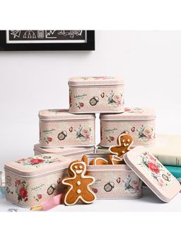 Voncasa - Floral Tin Storage Box Container - Set of 6, Light Pink