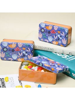 Voncasa - Mini Floral Tin Storage Box of 3, Blue