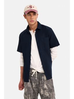 Snitch - Navy Blue Solid Half Sleeves Regular Casual Shirt for Men
